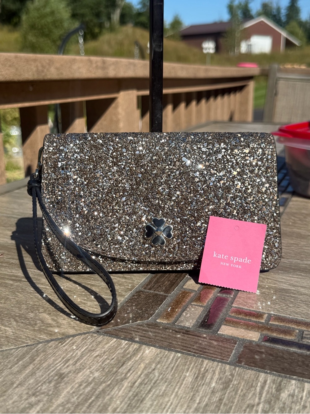 kate spade Glitter Envelope Wristlet Clutch in Silver and Black
